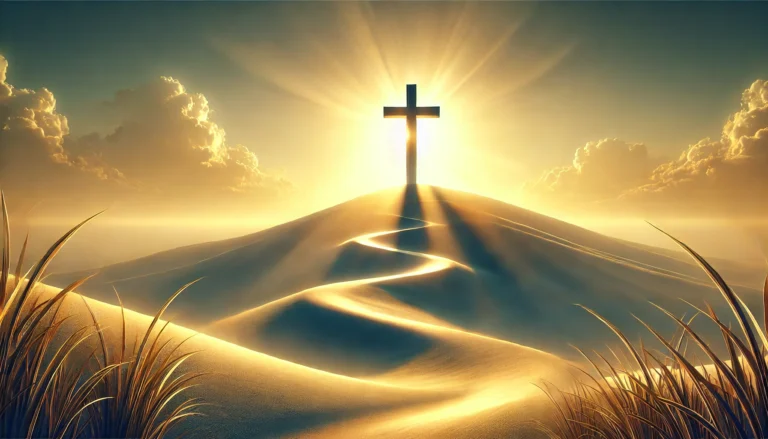 A serene Lenten scene featuring a cross on a hill at sunrise, symbolizing repentance and renewal. The golden glow of dawn and a winding path invite reflection and spiritual journey.