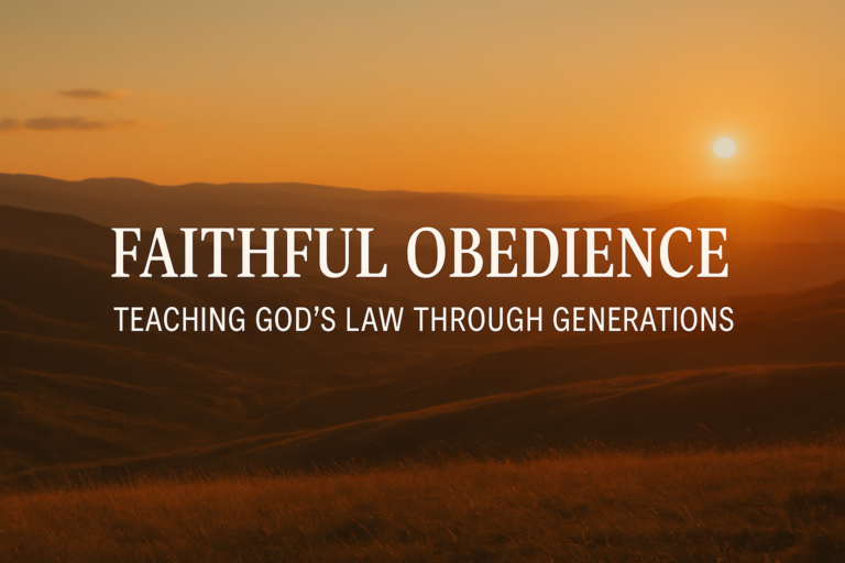 Sunset over rolling hills with the words “Faithful Obedience – Teaching God’s Law Through Generations” centered on the image.