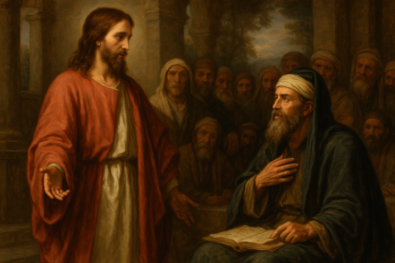 An oil painting depicting Jesus in a white robe and red mantle speaking to a scribe, who listens intently with a hand on his chest. The scribe is seated with an open scroll on his lap, while a group of onlookers watches in the background, set against ancient stone columns and a soft, glowing sky.