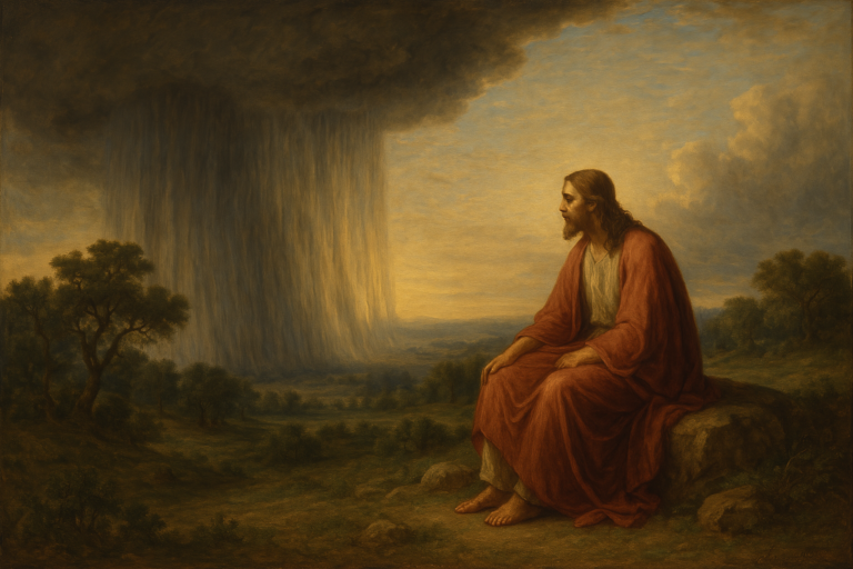 A wide oil painting of Jesus seated on a rock in a lush, hilly landscape, gazing toward distant rain falling from dark clouds, symbolizing divine mercy and reflection.