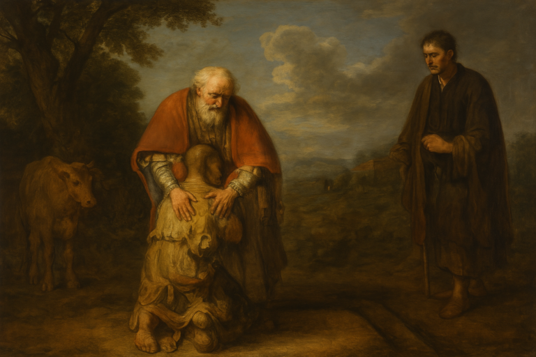 Biblical oil painting of the Prodigal Son returning home, embraced by his father in a warm gesture of forgiveness, while the elder brother stands at a distance; set against a pastoral landscape at sunset.