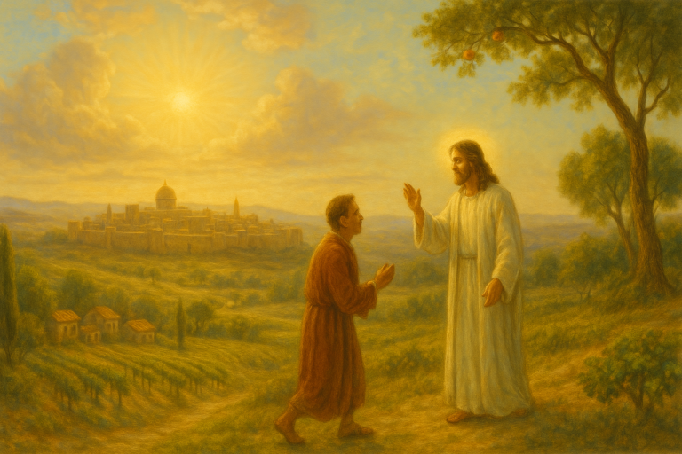 A traditional-style painting of Jesus speaking with a royal official on a sunlit path near Jerusalem, with golden skies, rolling vineyards, and a peaceful countryside.