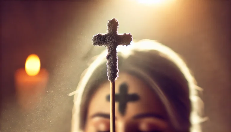 A cross made of ashes on a person's forehead, symbolizing the start of Lent on Ash Wednesday, with a warm and reflective background.