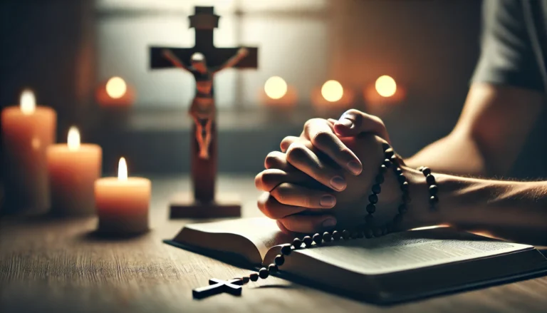 A person praying with hands clasped and a rosary, illuminated by soft candlelight. A wooden cross and an open Bible rest on a table in the background, creating a peaceful and reflective Lenten atmosphere.
