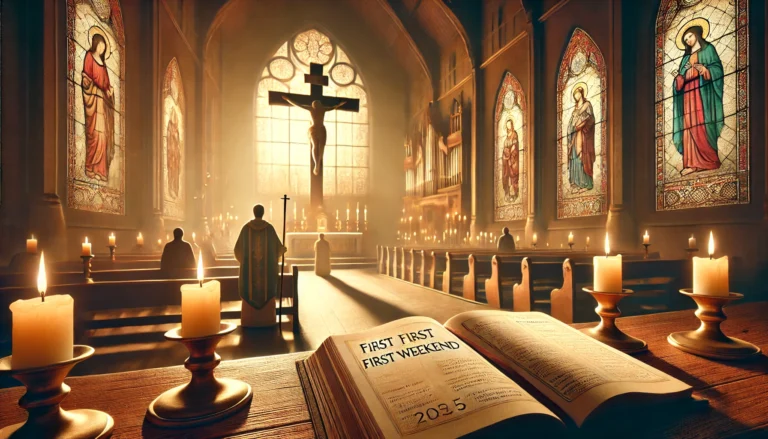 A peaceful church interior with soft candlelight, an open Bible, and a wooden cross on the altar during the First Weekend of Lent 2025. Stained-glass windows display religious scenes, and individuals are engaged in quiet prayer, symbolizing faith, sacrifice, and renewal.