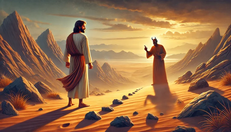 Jesus fasting in the desert, resisting the devil's temptation, with a vast rocky landscape and warm sunlight casting dramatic shadows.