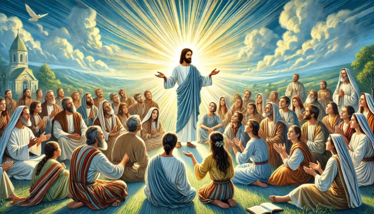 Jesus teaching a diverse group of people about love, mercy, and discipleship. The bright sky with rays of light symbolizes divine wisdom, while listeners engage in learning and acts of service, representing the Corporal Works of Mercy.