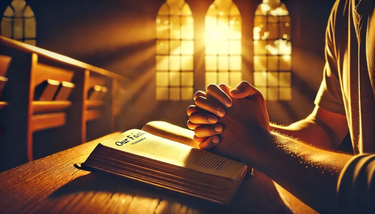 A serene image of a person praying with hands clasped, bathed in golden light streaming through a church window. An open Bible displays the Lord's Prayer, symbolizing deep faith and reflection.