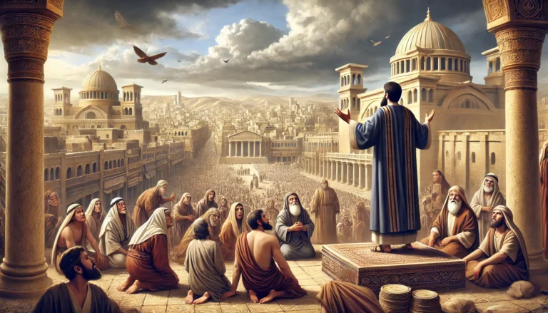 A wide digital illustration depicting Jonah preaching to the people of Nineveh in an ancient city. Jonah stands on a raised platform, wearing a simple robe, while the Ninevites listen, some repenting by tearing their clothes or kneeling in prayer. The cityscape extends into the horizon under a dramatic sky, symbolizing God's impending judgment and mercy.
