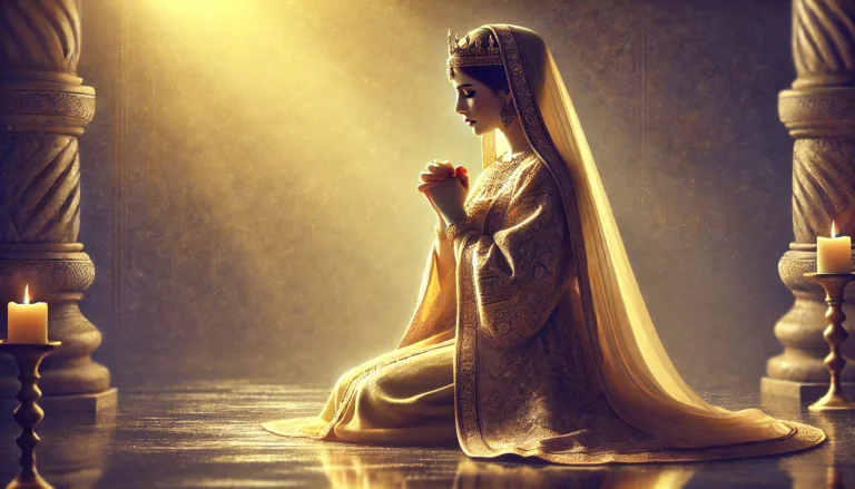 A serene Lenten scene featuring Queen Esther in ancient Persian royal attire, kneeling in deep prayer. A soft golden light symbolizes divine presence, creating a peaceful and reflective atmosphere, perfect for a faith-based article.