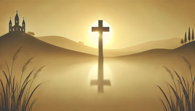 A serene Lenten scene featuring a cross silhouetted against a sunrise, symbolizing reflection, renewal, and divine presence.
