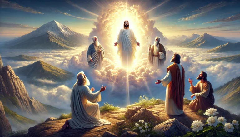 A majestic depiction of the Transfiguration of Jesus on Mount Tabor, with Jesus in dazzling white, Moses and Elijah beside Him, and Peter, James, and John kneeling in awe as divine light shines from above.