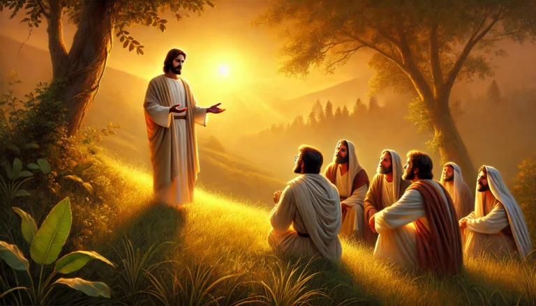 A peaceful image of Jesus teaching his disciples on a hillside, with warm golden light symbolizing divine mercy and forgiveness, inspired by Luke 6:36-38.