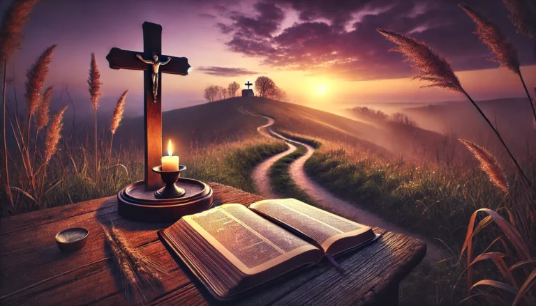 A serene Lenten scene with a wooden cross on a hill at sunrise, an open Bible on a rustic table, and a flickering candle, symbolizing prayer and spiritual renewal.