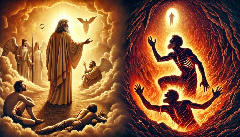 Illustration of the biblical parable of the Rich Man and Lazarus, depicting Lazarus in humility at Abraham's side and the Rich Man in torment, with a spiritual glow symbolizing divine justice and trust in the Lord.