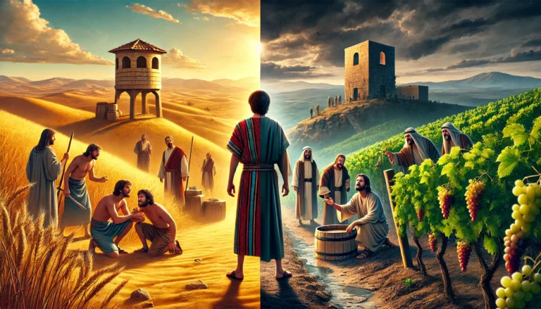 Digital painting showing Joseph near a desert cistern and Jesus in a vineyard, both facing rejection—symbolizing the themes of betrayal and redemption during Lent.