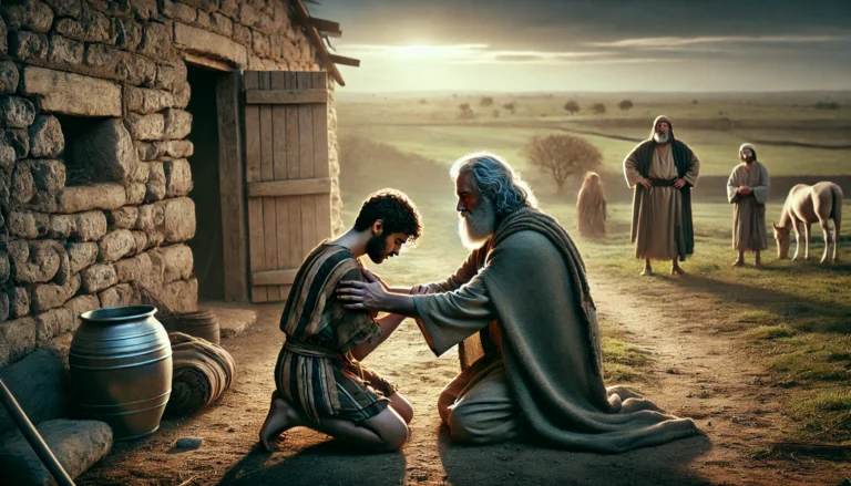 A wide image showing the father embracing the returning prodigal son in front of their home, with the older brother watching from a distance, symbolizing God's mercy and forgiveness.