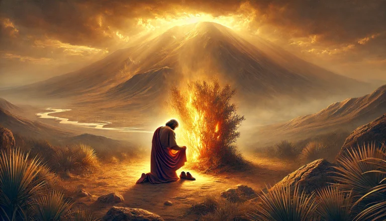 Moses stands before the burning bush on Mount Horeb, removing his sandals in awe as the bush burns without being consumed, under a golden sky.