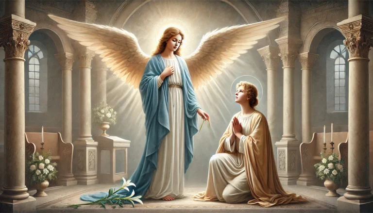 The angel Gabriel appears to the Virgin Mary during the Annunciation, in a peaceful and sacred room lit by divine light.