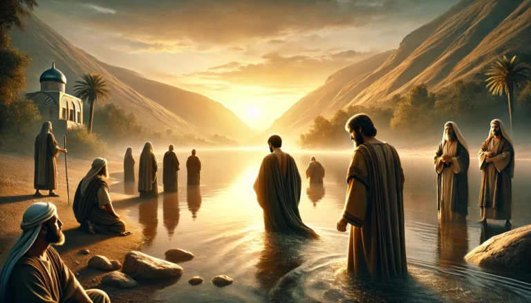 Naaman steps into the Jordan River at sunrise, surrounded by attendants, symbolizing humility and healing in a biblical landscape.