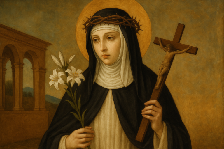 Painting of Saint Catherine of Siena wearing a black and white habit, holding a crucifix and white lilies, with a halo and crown of thorns, set against a serene background with arches and hills.