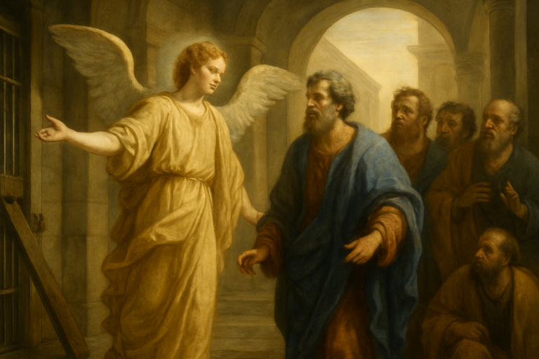 A Baroque-style painting of an angel appearing to the Apostles in prison, as a guard looks on, inspired by Acts 5:17–26.