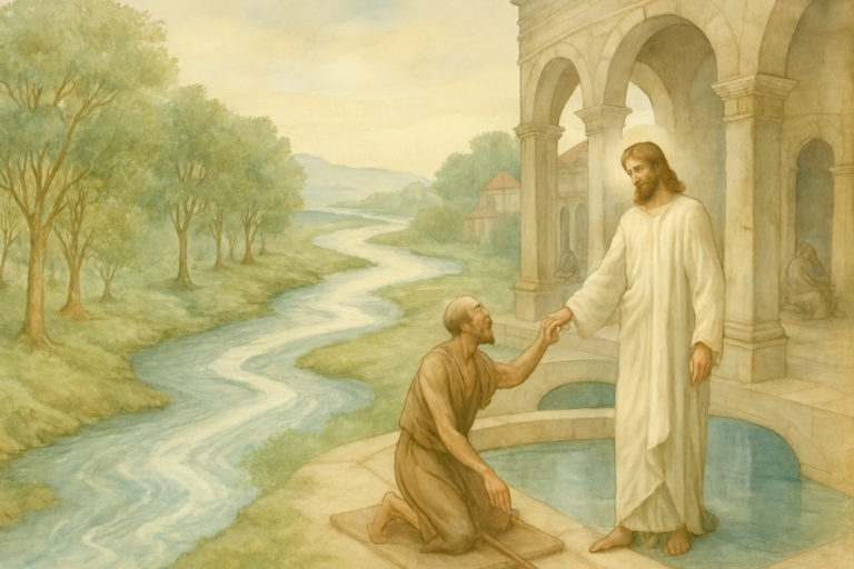 Biblical painting of Jesus healing a man beside the Pool of Bethesda, with soft light tones, surrounding trees, classical stone structures, and a flowing river in the background.