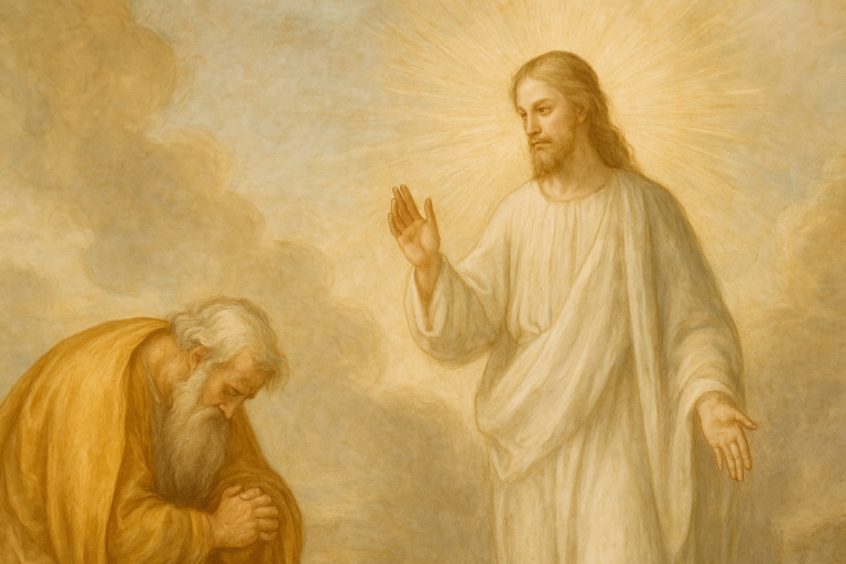 A fresco-style biblical painting showing Abraham kneeling before a radiant, haloed Christ, with soft light colors in the background.