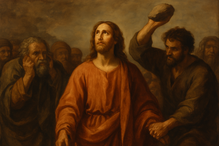 A biblical scene showing Jesus standing calmly while surrounded by angry onlookers holding stones, under a dramatic sky, evoking themes of courage, injustice, and divine presence.