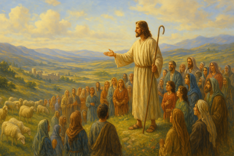 Jesus, dressed in a white robe, stands with a shepherd’s staff surrounded by followers and sheep in a bright, pastoral landscape with hills and a distant city, symbolizing unity and peace.