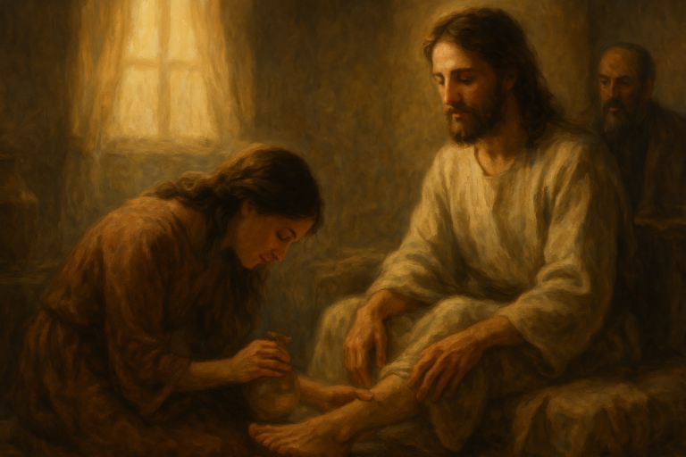 Jesus being anointed by Mary in Bethany as light shines gently through the room, symbolizing the fulfillment of Isaiah’s prophecy.