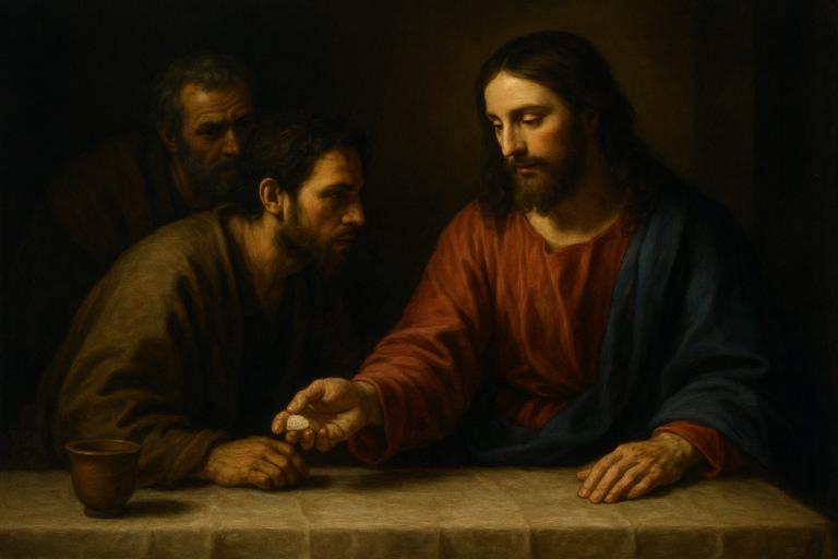 Jesus hands bread to Judas at the Last Supper while Peter looks on