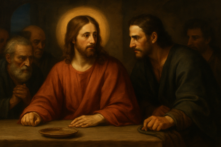 Oil painting of Jesus at the Last Supper, calmly facing Judas Iscariot, who appears tense and shadowed, symbolizing the moment of betrayal.
