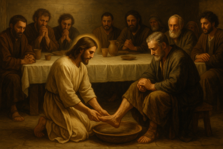 Jesus humbly washing the feet of Simon Peter while the apostles watch during the Last Supper, depicted in a classical biblical painting.