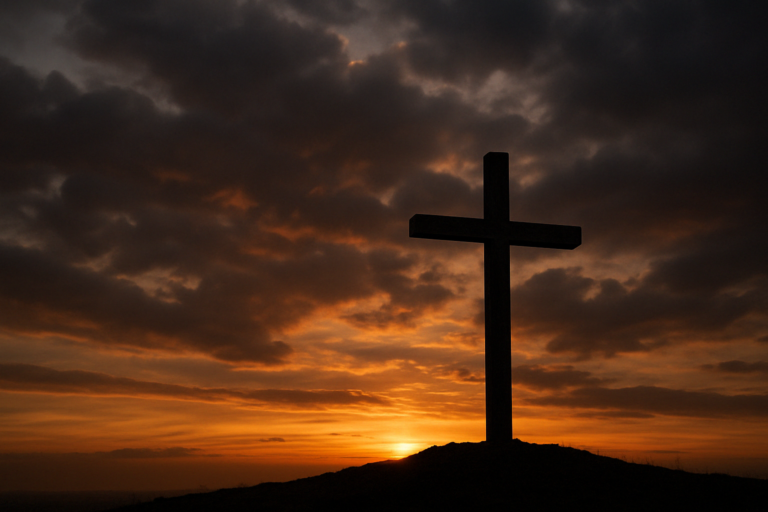 A wooden cross silhouetted against a dramatic sunset sky, symbolizing peace, reflection, and Jesus’ sacrifice on Good Friday.