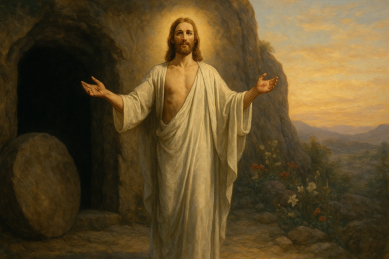 The resurrected Jesus Christ stands outside the empty tomb at sunrise, with arms outstretched and surrounded by soft light and rolling hills.