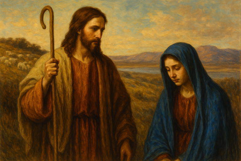 Biblical painting of Jesus as a shepherd gently comforting a sorrowful woman with sheep and hills in the background.