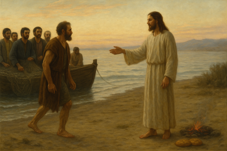 Jesus stands on the shore greeting Peter and the disciples by the Sea of Tiberias as a charcoal fire with bread and fish burns nearby.