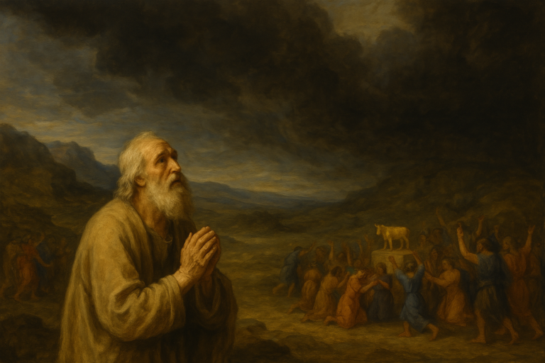 A Baroque-style oil painting showing Moses raising his hands in urgent prayer under a stormy sky, while the Israelites worship a golden calf in the background; the dramatic lighting emphasizes the emotional intensity of Moses and the contrast between repentance and idolatry.