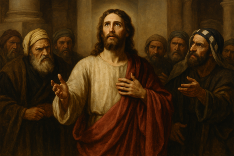 Realistic oil painting of Jesus Christ teaching in an ancient temple, surrounded by solemn figures, capturing a moment from the Gospel of John.