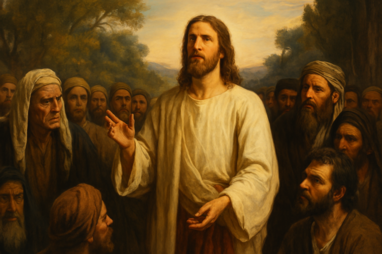 Oil painting of Jesus standing among a group of people in biblical robes, set outdoors with a golden sky and rolling hills in the background.