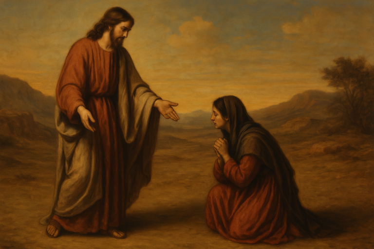 Wide-format traditional oil painting of Jesus extending mercy to a kneeling woman in a sunlit desert setting, with soft golden hills and a warm sky in the background.