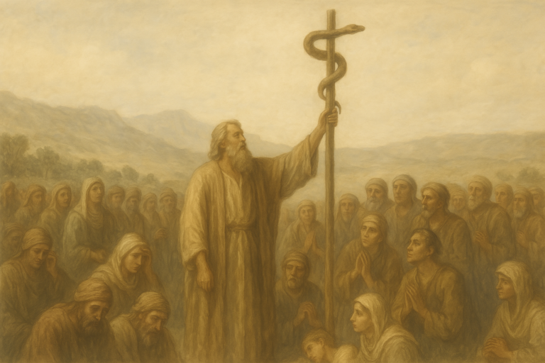 A wide, softly lit biblical painting of Moses holding up a bronze serpent on a pole, surrounded by distressed Israelites in a desert landscape, symbolizing healing and redemption.