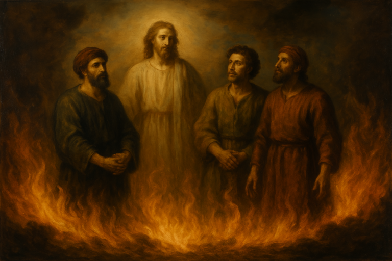 Biblical oil painting of Shadrach, Meshach, and Abednego standing unharmed in a blazing furnace, accompanied by a radiant divine figure amidst swirling flames.