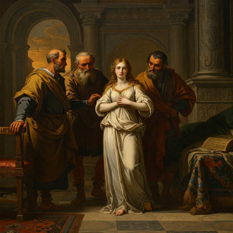 A painting depicting Susanna, a young woman standing before her accusers.
