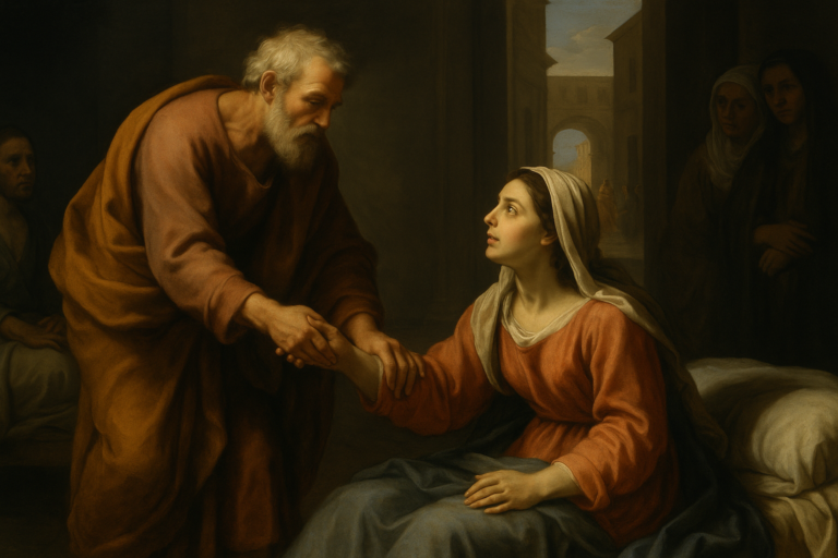 Baroque-style painting of Peter helping Tabitha rise from her bed as onlookers observe, symbolizing her resurrection in Acts 9.