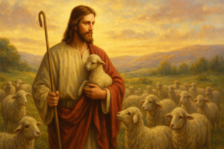 A peaceful painting of Jesus as the Good Shepherd holding a lamb and surrounded by sheep in a golden, sunlit landscape with rolling hills.