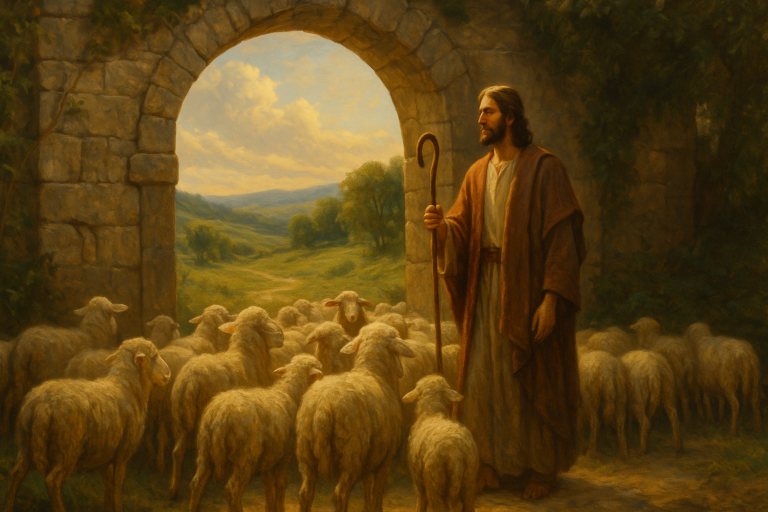 A warm-toned oil painting of early Christians gathered in Antioch, listening to a speaker in a sunlit courtyard surrounded by ancient Middle Eastern architecture, with a shepherd walking in the background.