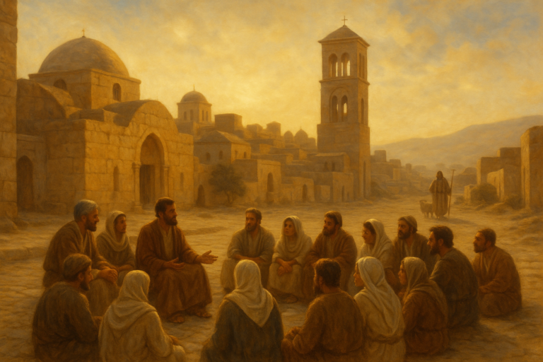A warm-toned oil painting of early Christians gathered in Antioch, listening to a speaker in a sunlit courtyard surrounded by ancient Middle Eastern architecture, with a shepherd walking in the background.