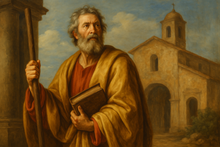 Oil painting of Saint Matthias holding a book and staff, standing before a Mediterranean church under a blue sky, symbolizing his call to apostleship.
